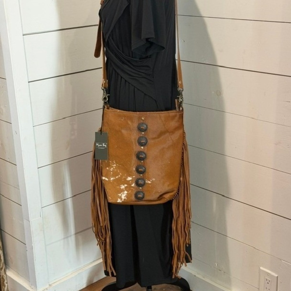 Myra Bag S2850 Cowhide Leather Fringe Crossbody Bag with Conchos Brown NEW